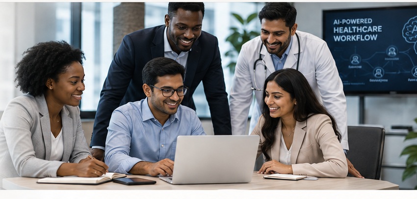 Healthcare professionals collaborating on AI-enabled healthcare workflows